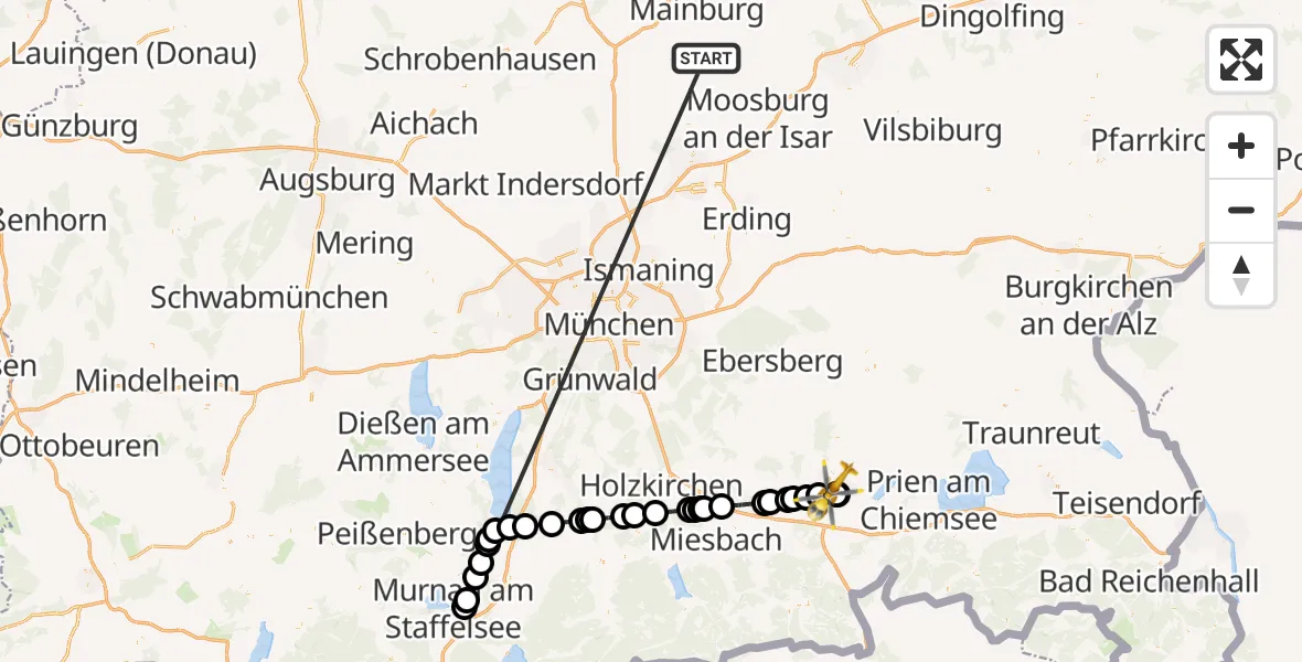 Flugroute Rettungshubschrauber Rudelzhausen - Rosenheim, 16 Oktober 2026, 21:11
