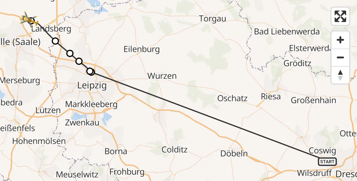 Flugroute Rettungshubschrauber Dresden - Halle-Oppin Flugplatz, 16 Oktober 2026, 21:18