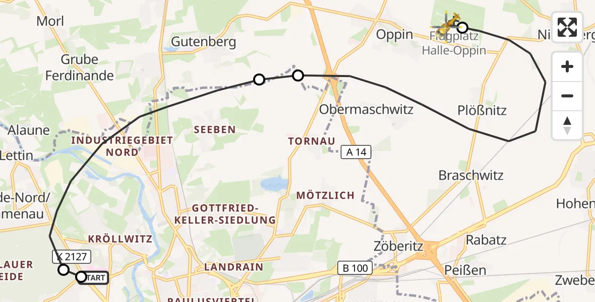 Flugroute Rettungshubschrauber Halle (Saale) University Hospital - Halle-Oppin Flugplatz, 16 Oktober 2026, 21:32