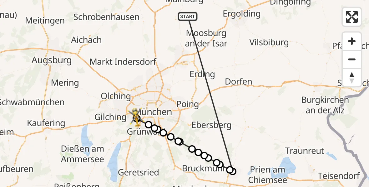 Flugroute Rettungshubschrauber Rudelzhausen - DRF Air Rescue München Hubschrauberlandeplatz, 16 Oktober 2026, 21:49