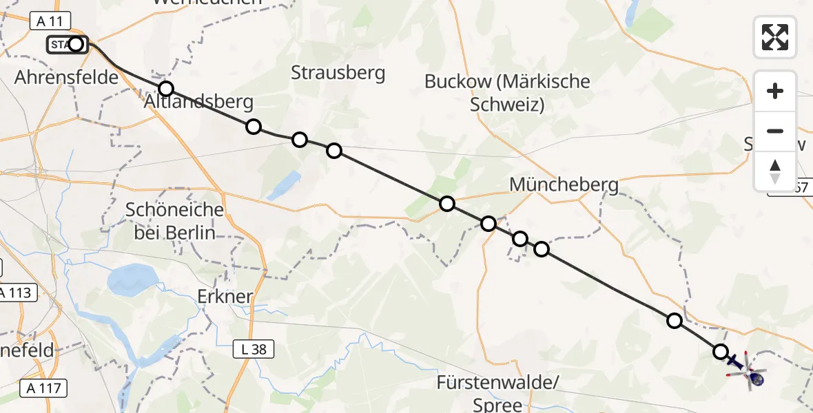 Flugroute Polizeihubschrauber Ahrensfelde Hubschrauberlandeplatz - Jacobsdorf, 16 Oktober 2026, 23:50