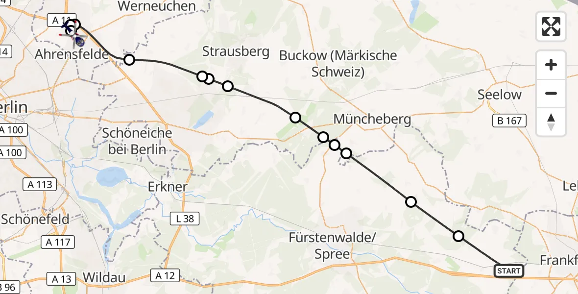 Flugroute Polizeihubschrauber Jacobsdorf - Ahrensfelde Hubschrauberlandeplatz, 17 Oktober 2026, 00:31