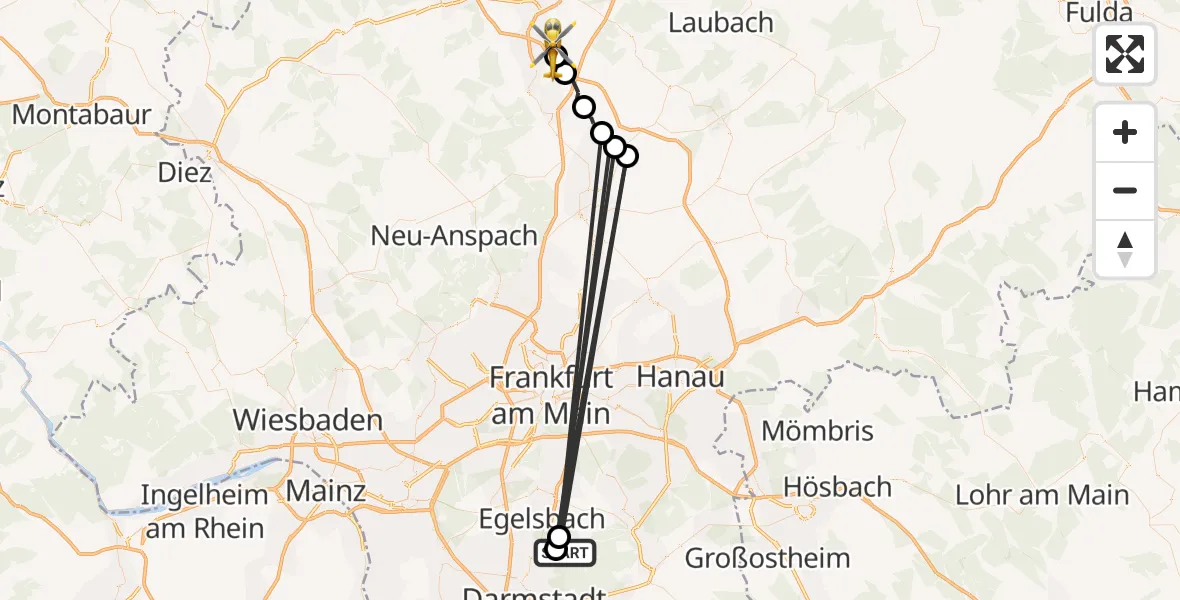Flugroute Ambulanzhubschrauber Darmstadt - Linden, 17 Oktober 2026, 01:25