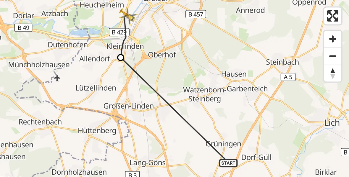 Flugroute Ambulanzhubschrauber Pohlheim - Gießen, 17 Oktober 2026, 01:32