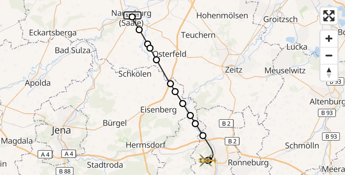 Flugroute Rettungshubschrauber Naumburg Hospital - SRH Wald-Klinikum Gera Hospital, 17 Oktober 2026, 03:30