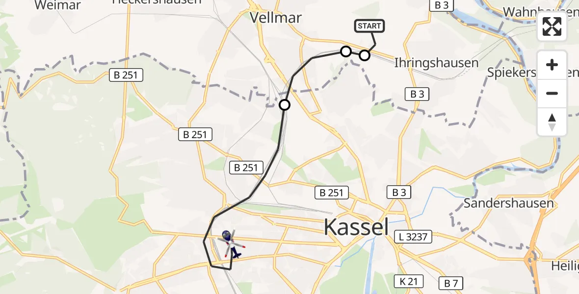 Flugroute Polizeihubschrauber Fuldatal Bundespolizei Hubschrauberlandeplatz - Kassel, 17 Oktober 2026, 05:56