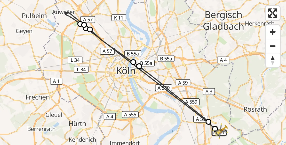 Flugroute Rettungshubschrauber Köln Bonn Flughafen - Köln Bonn Flughafen, 17 Oktober 2026, 07:12