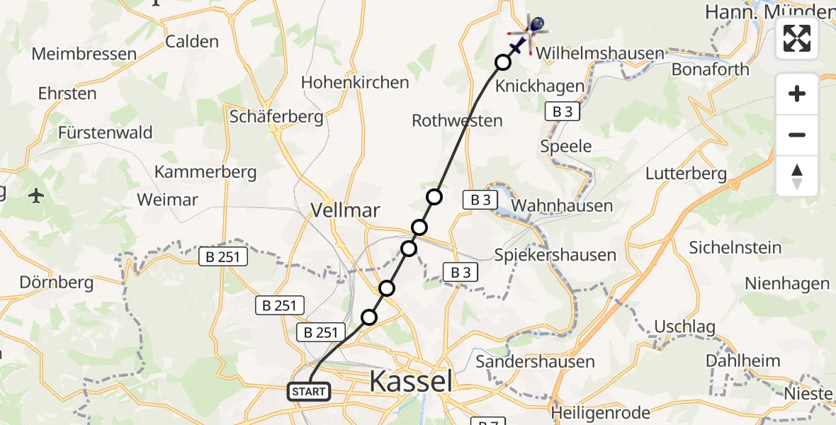 Flugroute Polizeihubschrauber Kassel - Immenhausen, 17 Oktober 2026, 07:19