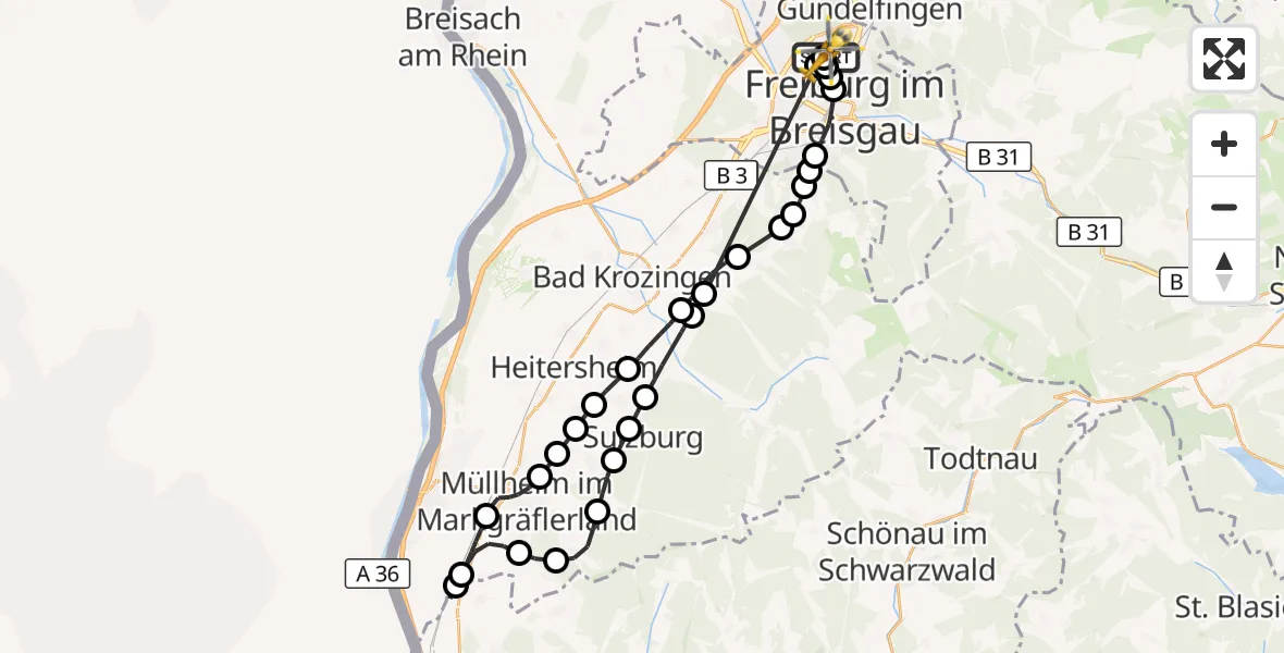 Flugroute Ambulanzhubschrauber Freiburg im Breisgau Flugplatz - Freiburg im Breisgau Flugplatz, 17 Oktober 2026, 07:22