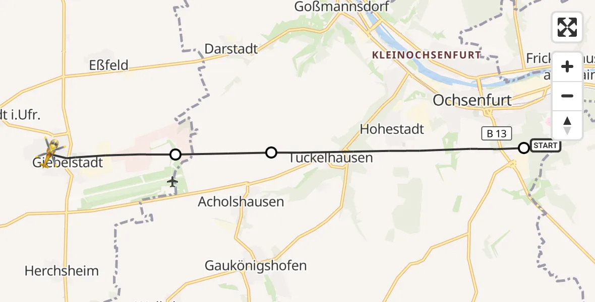 Flugroute Rettungshubschrauber Ochsenfurt Hospital - Giebelstadt, 17 Oktober 2026, 07:38
