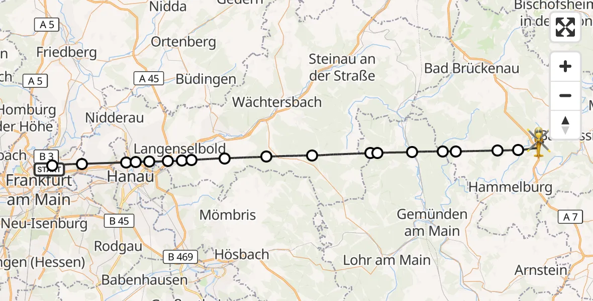 Flugroute Rettungshubschrauber Frankfurt am Main Accident Hospital Roof Helipad (CHX2) - Oberthulba, 17 Oktober 2026, 07:48