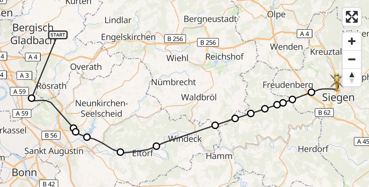 Flugroute Ambulanzhubschrauber Bergisch Gladbach - Siegen, 17 Oktober 2026, 07:49