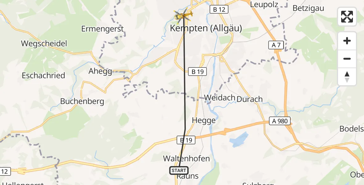 Flugroute Rettungshubschrauber Waltenhofen - Kempten (Allgäu), 17 Oktober 2026, 07:51