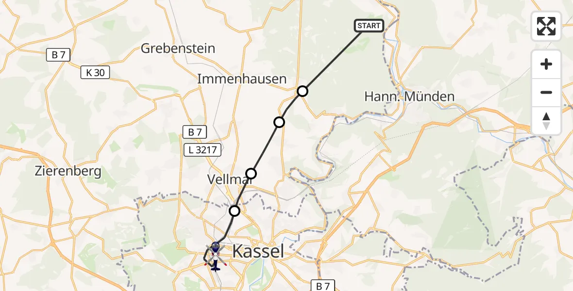 Flugroute Polizeihubschrauber Reinhardshagen - Kassel, 17 Oktober 2026, 07:52