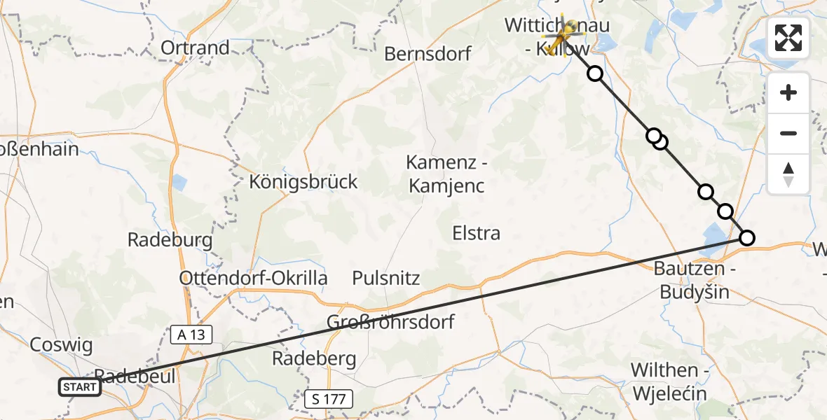 Flugroute Rettungshubschrauber Dresden - Wittichenau, 17 Oktober 2026, 07:55