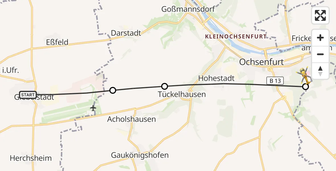 Flugroute Rettungshubschrauber Giebelstadt - Ochsenfurt Hospital, 17 Oktober 2026, 08:07
