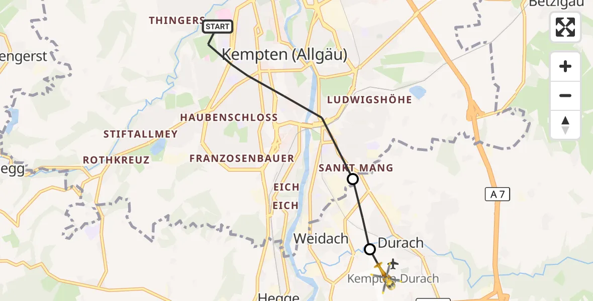 Flugroute Rettungshubschrauber Kempten (Allgäu) - Kempten-Durach Flugplatz, 17 Oktober 2026, 08:09