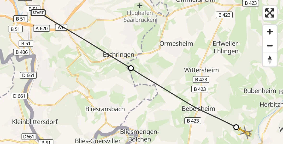 Flugroute Rettungshubschrauber Saarbrücken - Gersheim, 17 Oktober 2026, 08:43