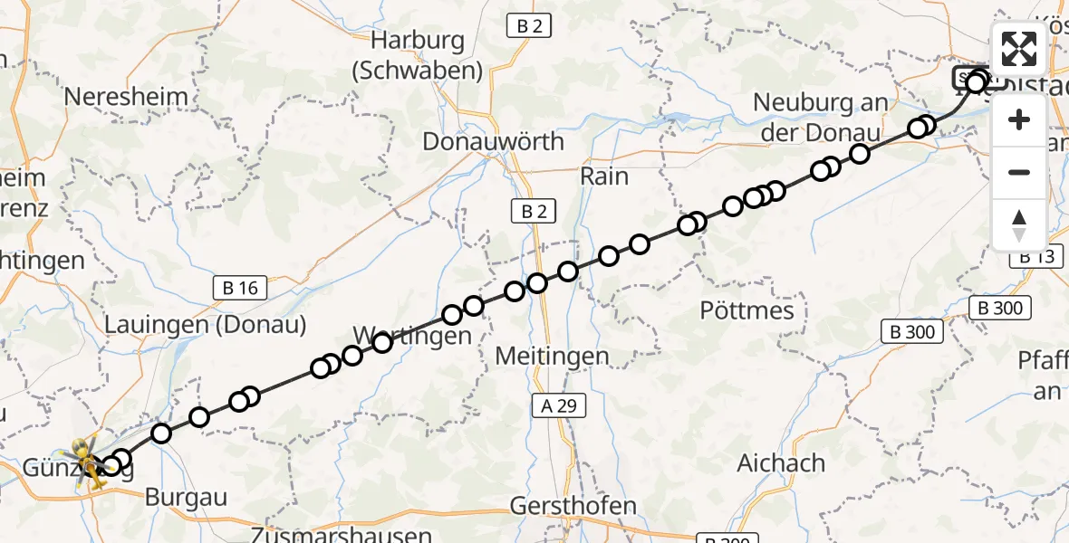 Flugroute Rettungshubschrauber Ingolstadt Hospital - Günzburg Hospital, 17 Oktober 2026, 08:57