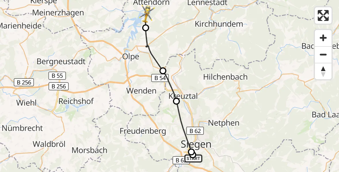 Flugroute Rettungshubschrauber Evangelisches Jung-Stilling Hospital - Attendorn, 17 Oktober 2026, 08:59
