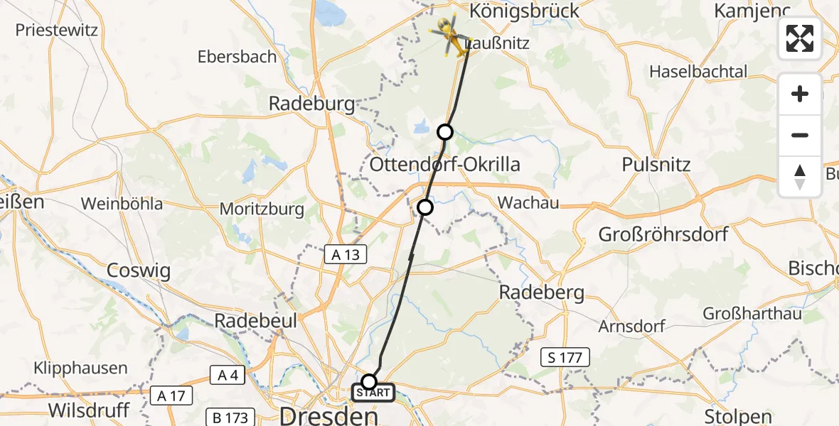 Flugroute Rettungshubschrauber Dresden Elbwiesen Hubschrauberlandeplatz - Laußnitz, 17 Oktober 2026, 09:03