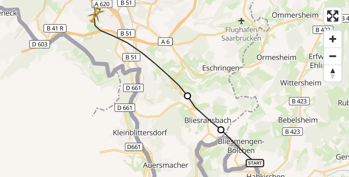 Flugroute Rettungshubschrauber Mandelbachtal - Saarbrücken, 17 Oktober 2026, 09:24