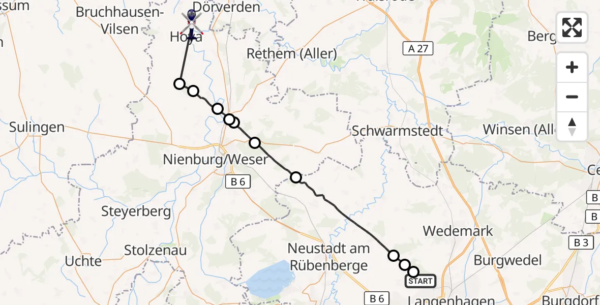 Flugroute Polizeihubschrauber Flughafen Hannover - Hilgermissen, 17 Oktober 2026, 09:33