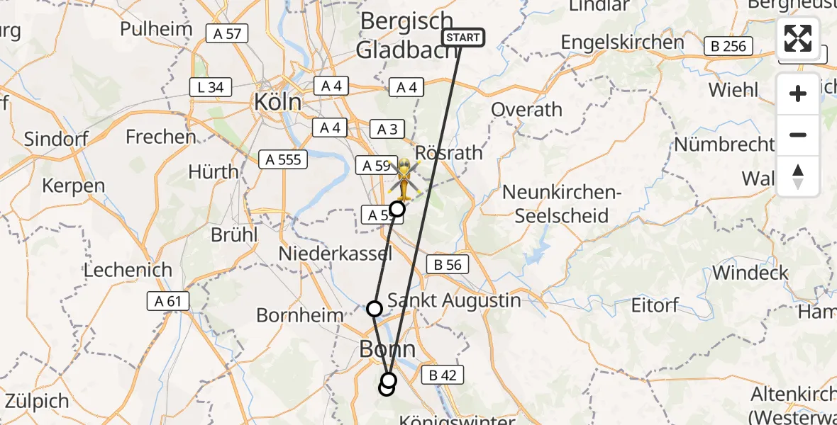 Flugroute Ambulanzhubschrauber Bergisch Gladbach - Köln Bonn Flughafen, 17 Oktober 2026, 09:34