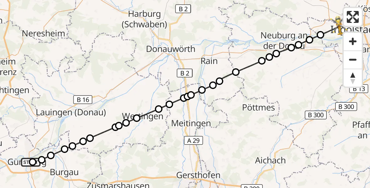 Flugroute Rettungshubschrauber Günzburg Hospital - Ingolstadt Hospital, 17 Oktober 2026, 09:43