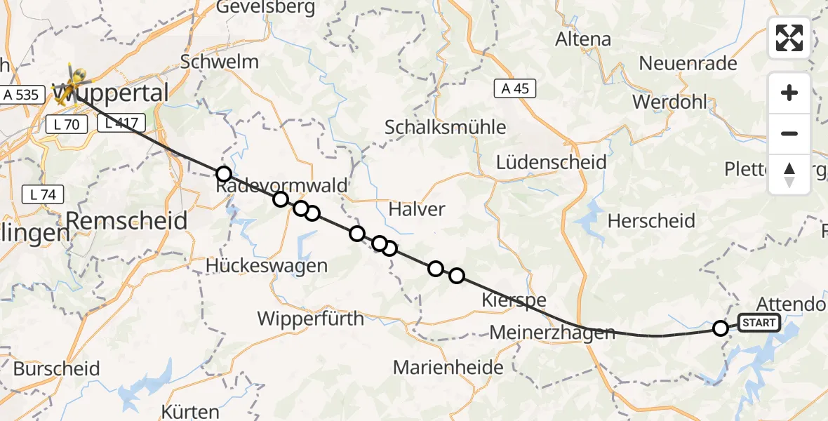 Flugroute Rettungshubschrauber Attendorn - Wuppertal, 17 Oktober 2026, 10:00