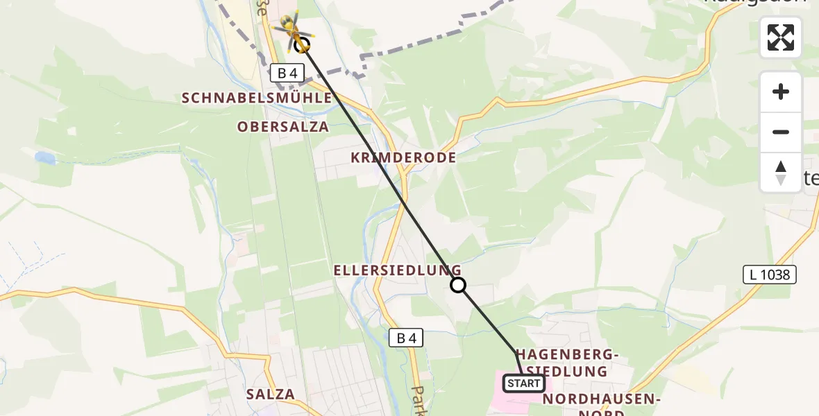Flugroute Rettungshubschrauber Südharz Hospital Nordhausen - Harztor, 17 Oktober 2026, 10:19