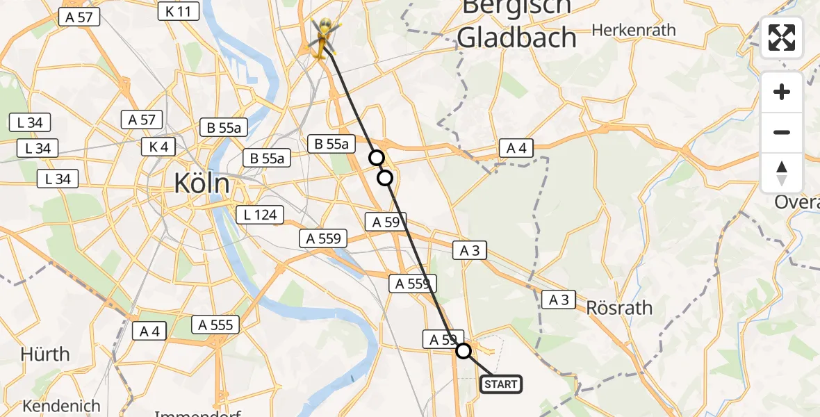 Flugroute Rettungshubschrauber Köln Bonn Flughafen - Köln, 17 Oktober 2026, 10:38