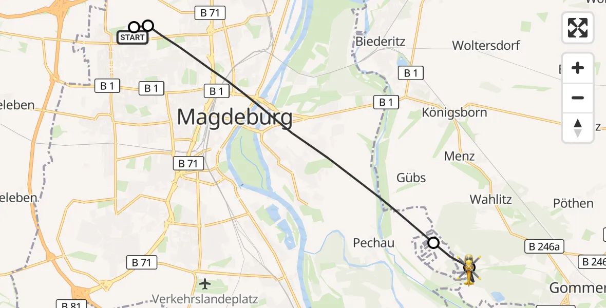 Flugroute Rettungshubschrauber Magdeburg Hospital - Gommern, 17 Oktober 2026, 10:59