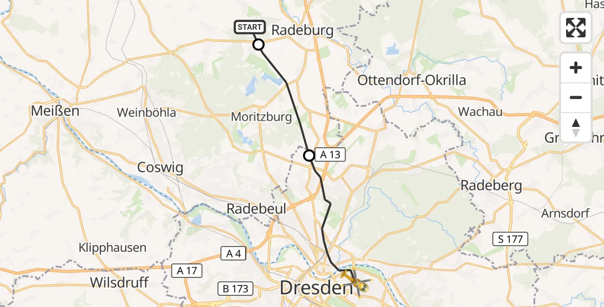 Flugroute Rettungshubschrauber Ebersbach - Dresden, 17 Oktober 2026, 11:00