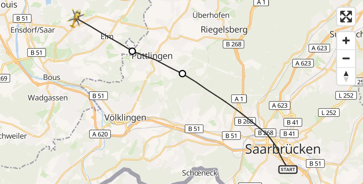 Flugroute Rettungshubschrauber Saarbrücken - Schwalbach, 17 Oktober 2026, 11:09