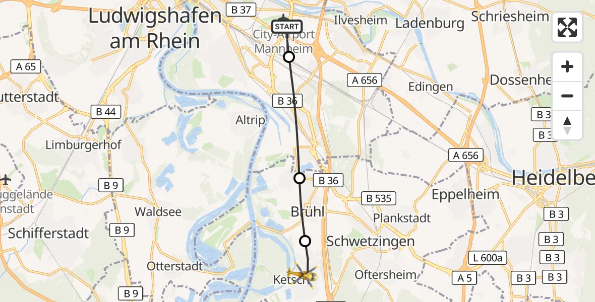 Flugroute Rettungshubschrauber Mannheim-City Flughafen - Ketsch, 17 Oktober 2026, 11:12