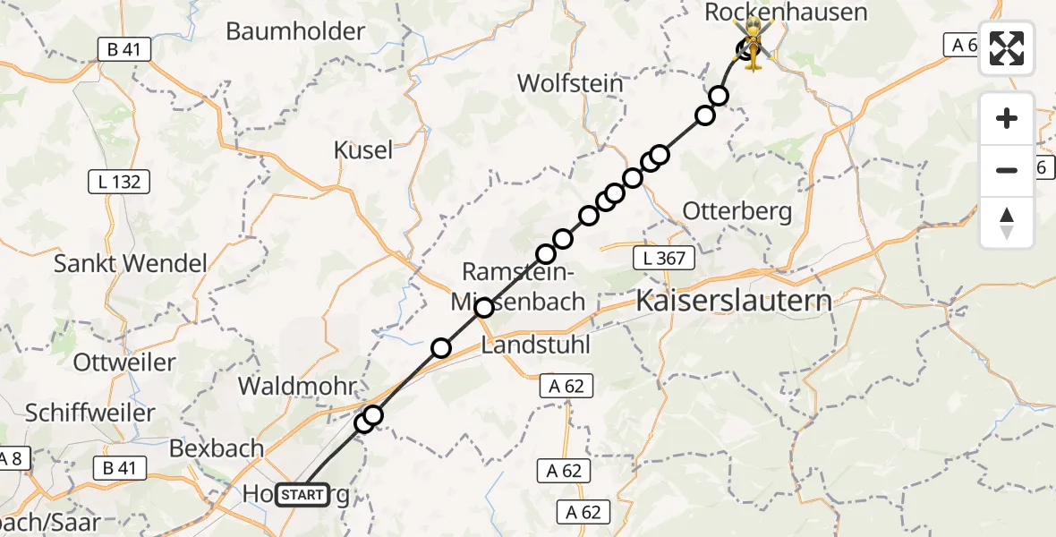 Flugroute Rettungshubschrauber Homburg - Rockenhausen, 17 Oktober 2026, 11:15