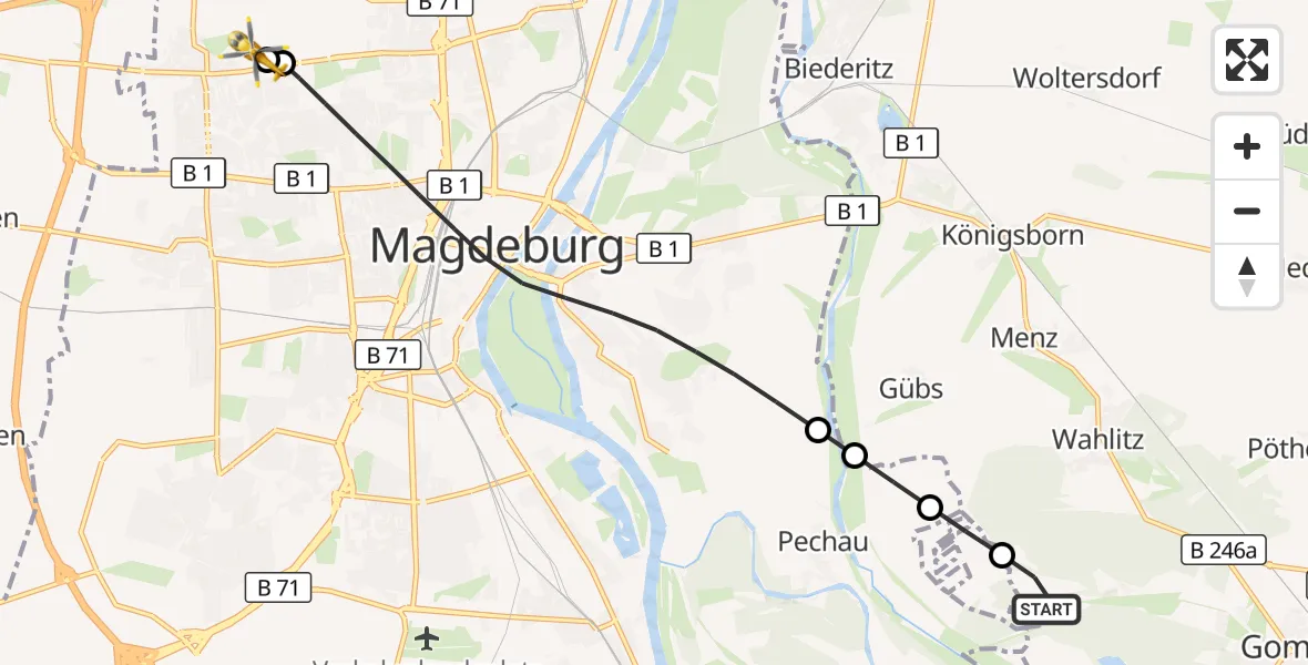 Flugroute Rettungshubschrauber Gommern - Magdeburg Hospital, 17 Oktober 2026, 11:19