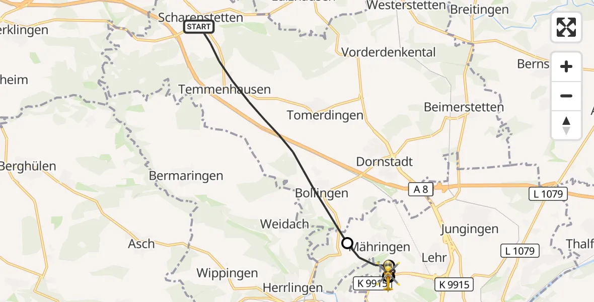 Flugroute Rettungshubschrauber Dornstadt - ADAC Air Rescue Station Ulm (Christoph 22), 17 Oktober 2026, 11:33