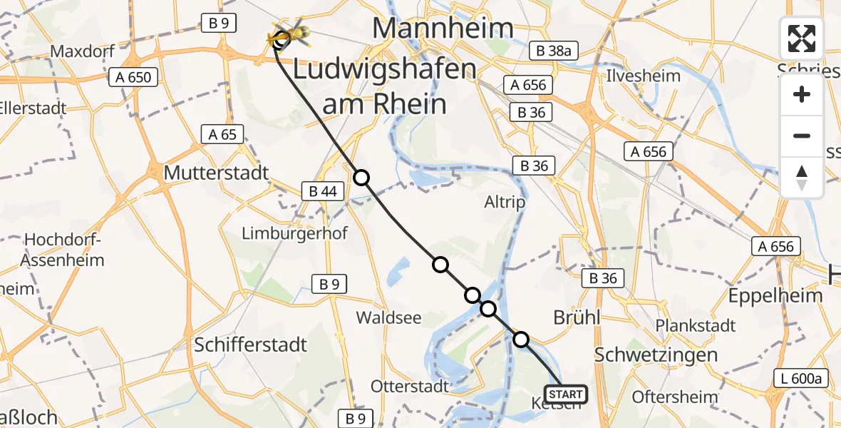 Flugroute Rettungshubschrauber Ketsch - Ludwigshafen Accident Hospital, 17 Oktober 2026, 11:34