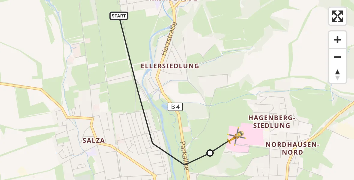 Flugroute Rettungshubschrauber Nordhausen - Südharz Hospital Nordhausen, 17 Oktober 2026, 11:41