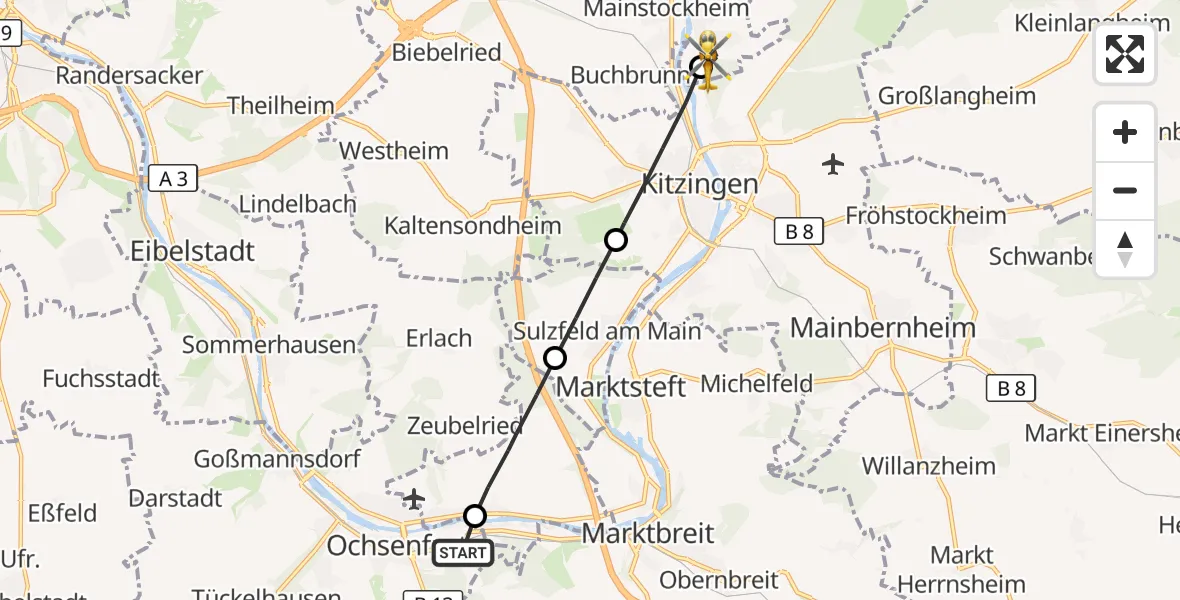 Flugroute Rettungshubschrauber Ochsenfurt Hospital - Albertshofen, 17 Oktober 2026, 11:54