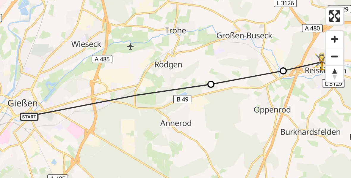 Flugroute Ambulanzhubschrauber Gießen - Reiskirchen, 17 Oktober 2026, 12:02