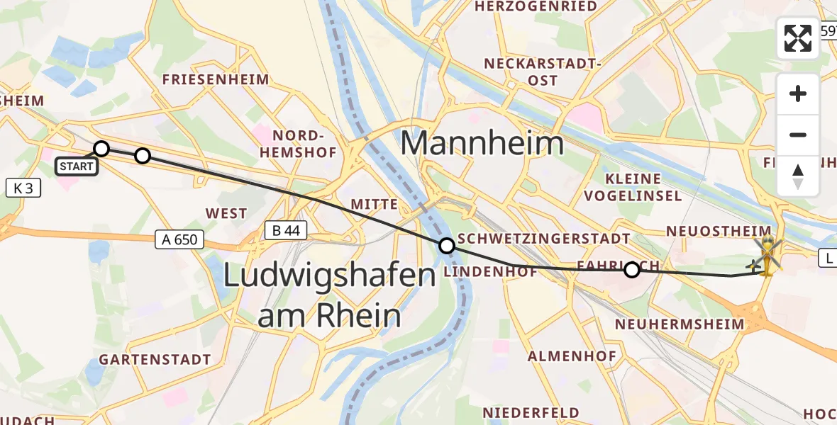 Flugroute Rettungshubschrauber Ludwigshafen Accident Hospital - Mannheim-City Flughafen, 17 Oktober 2026, 12:08