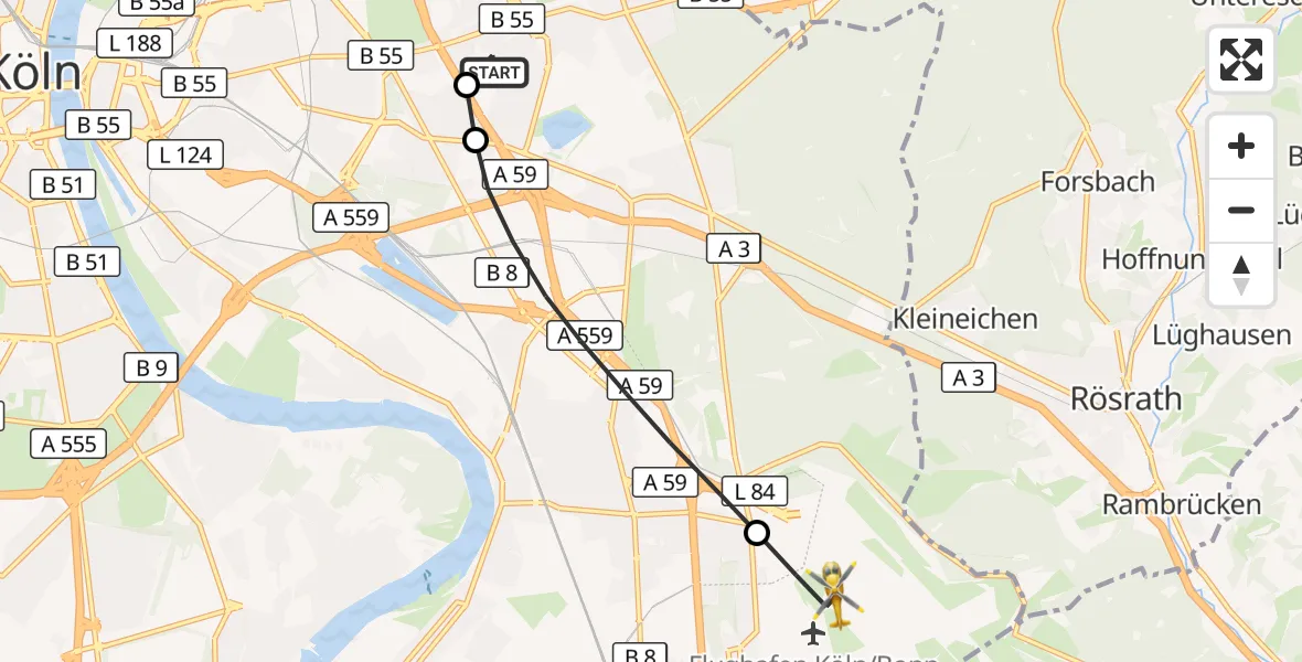 Flugroute Rettungshubschrauber Merheim Hospital - Köln Bonn Flughafen, 17 Oktober 2026, 12:18