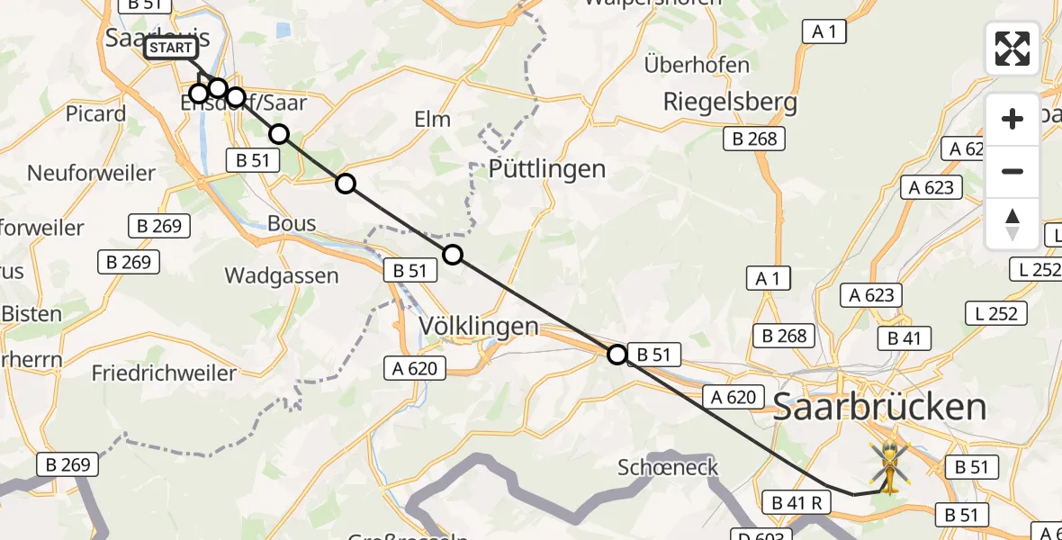 Flugroute Rettungshubschrauber Saarlouis - Saarbrücken, 17 Oktober 2026, 12:18