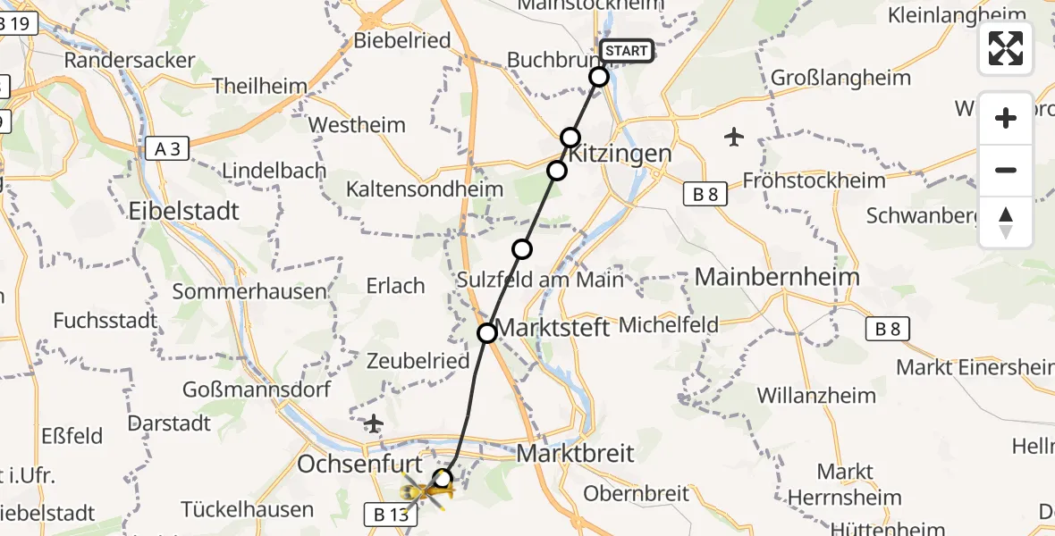 Flugroute Rettungshubschrauber Albertshofen - Ochsenfurt Hospital Hubschrauberlandeplatz, 17 Oktober 2026, 12:24