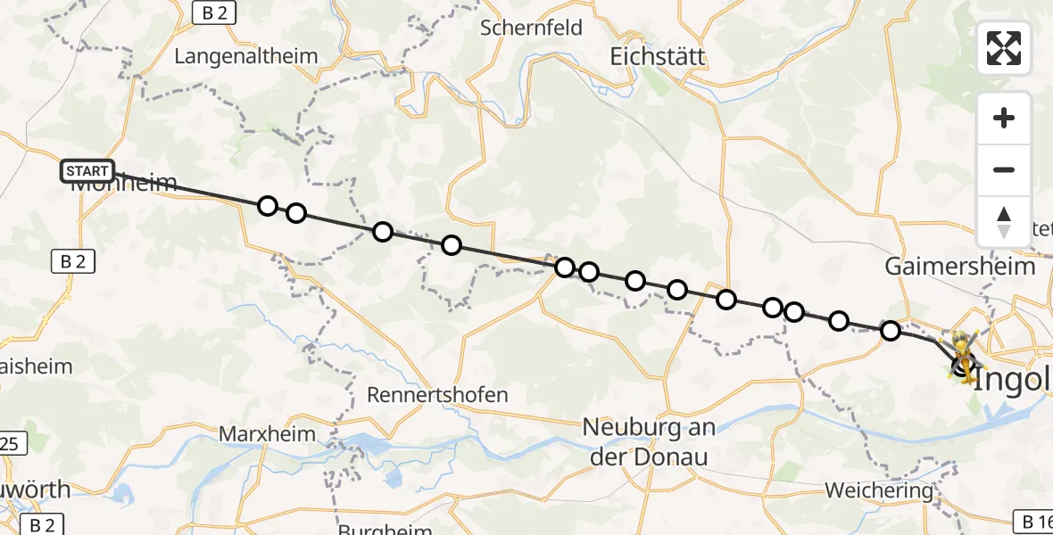 Flugroute Rettungshubschrauber Monheim - Ingolstadt Hospital, 17 Oktober 2026, 12:25