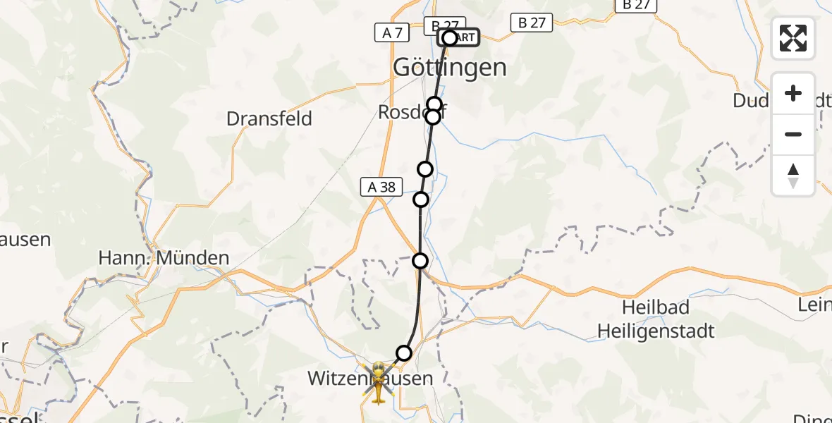 Flugroute Rettungshubschrauber Göttingen University Clinic Hubschrauberlandeplatz - Witzenhausen, 17 Oktober 2026, 12:32