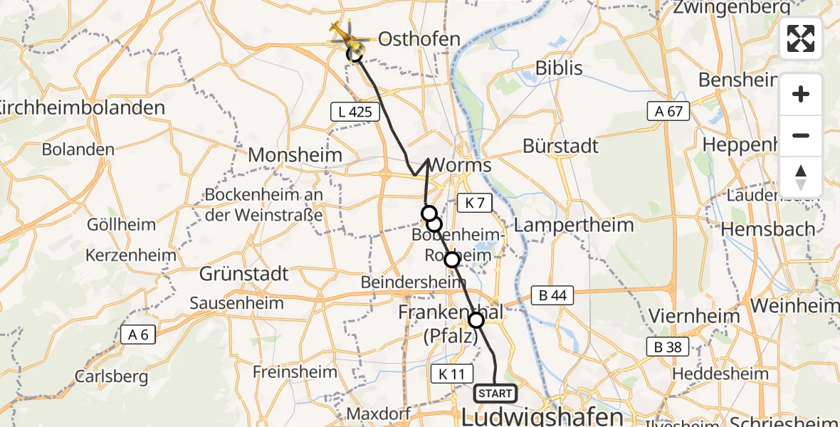 Flugroute Rettungshubschrauber Ludwigshafen am Rhein - Westhofen, 17 Oktober 2026, 12:49